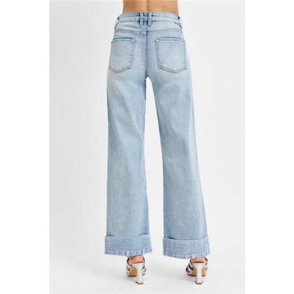 RISEN Full Size Tummy Control High Rise Ankle Wide Cuffed Jeans Plus Size - Picture 5 of 6